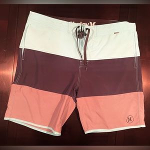 Classic Hurley Men's Blue Striped Board Shorts - Size 36W